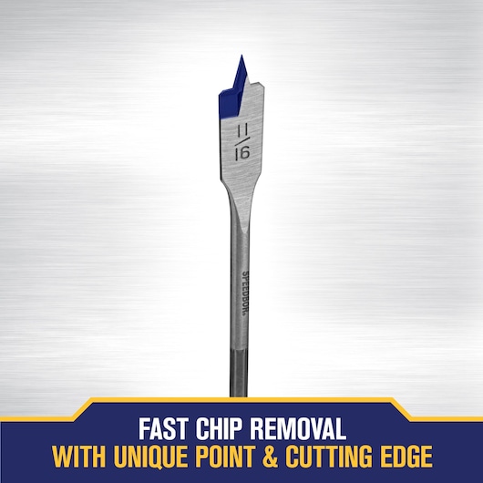 IRWIN flat wood drill bit, 11/16 inch size, featuring a unique blue-tipped point and cutting edge for fast chip removal. The product is displayed upright against a brushed metal background, with highlighted text emphasizing fast chip removal and its distinctive cutting design.