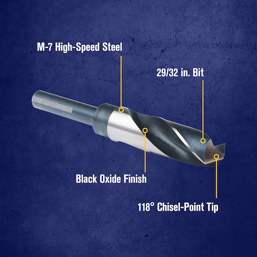 An IRWIN drill bit with labeled features including M-7 high-speed steel construction, black oxide finish, 29/32 inch bit size, and a 118-degree chisel-point tip, displayed on a blue textured background.