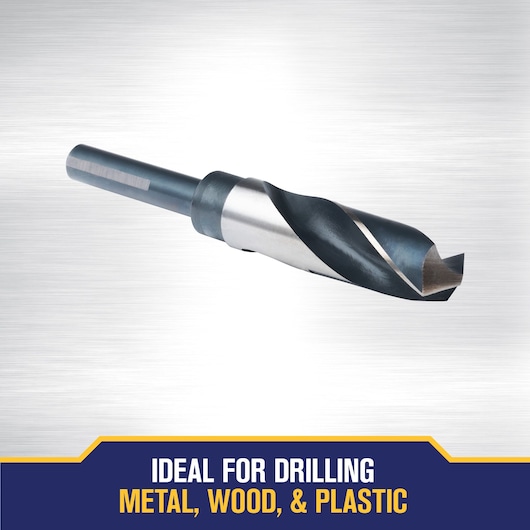 A metal drill bit displayed against a brushed metal background, with a caption below stating 'Ideal for drilling metal, wood, & plastic.'