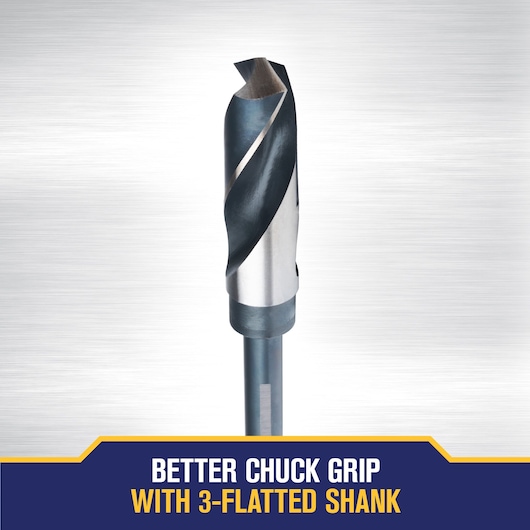 A close-up of a metal drill bit with a three-flatted shank, shown against a brushed metal background. Below the drill bit, there is a blue banner with yellow trim that reads: 'Better chuck grip with 3-flatted shank.'