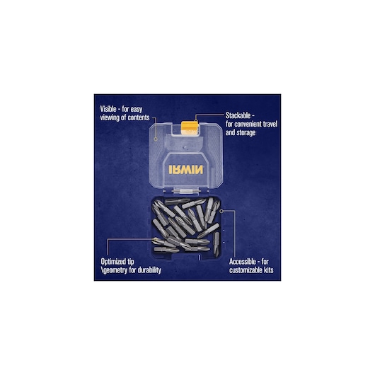 IRWIN branded case containing various screwdriver bits, shown open with clear lid for visibility of contents. Features highlighted include visible case for easy viewing, stackable design for travel and storage, optimized tip geometry for durability, and accessible layout for customizable kits.