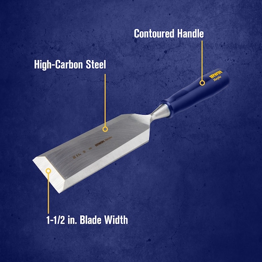 An IRWIN chisel with a contoured blue handle, high-carbon steel blade, and 1-1/2 inch blade width, shown against a blue background with feature labels.