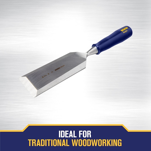 An IRWIN Marples woodworking chisel with a blue handle is shown on a brushed metal background. Text at the bottom reads: Ideal for traditional woodworking.