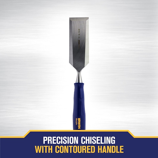 An IRWIN chisel with a blue contoured handle is displayed vertically against a brushed metal background. Text at the bottom reads: 'Precision chiseling with contoured handle.'