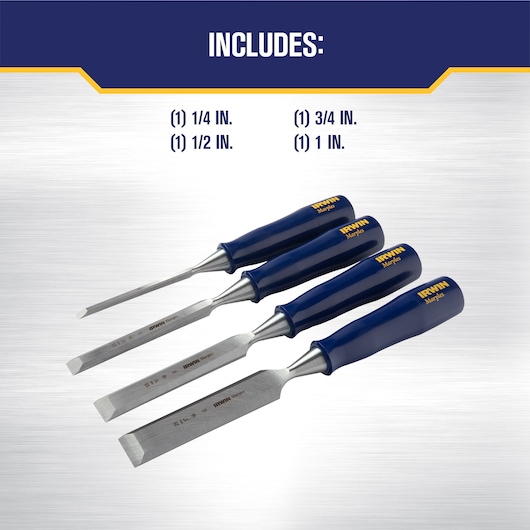 Image showing a set of four IRWIN Marples wood chisels with blue handles. The included sizes listed are: 1/4 inch, 1/2 inch, 3/4 inch, and 1 inch.