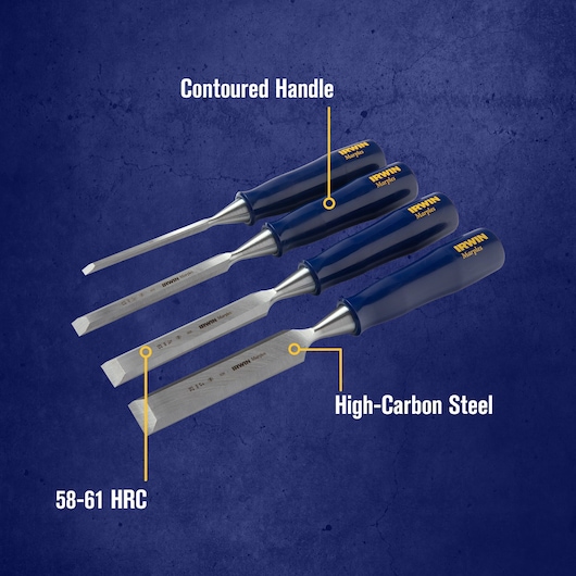 Four IRWIN Marples chisels are displayed on a blue background. The chisels have contoured handles and blades made from high-carbon steel. The blades are marked with a hardness rating of 58-61 HRC.