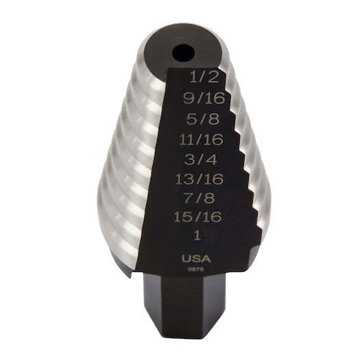 IRWIN 10220 step drill bit, silver and black, front angle, size markings visible, on white background.
