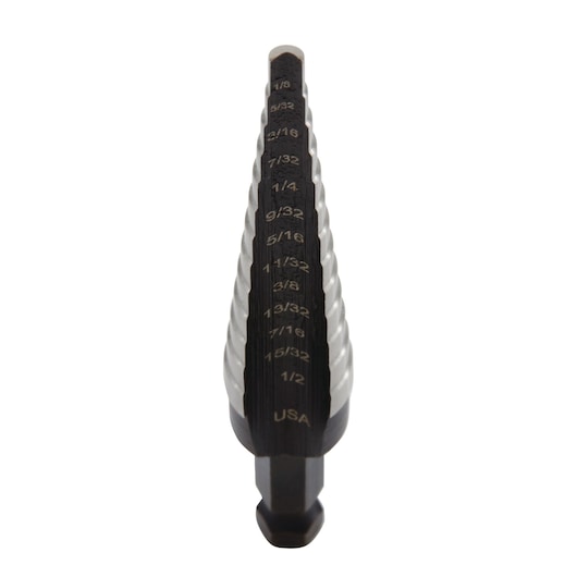 IRWIN 10231 step drill bit, conical shape, black and silver, engraved size markings, front view, white background.