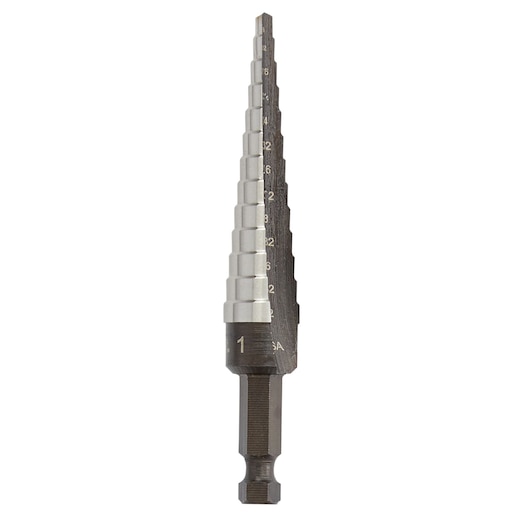 IRWIN 10231 step drill bit with hex shank, photographed from the front on a white background.