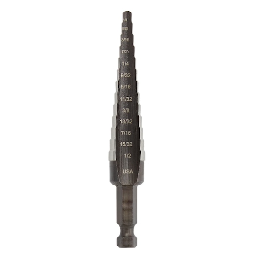 IRWIN 10231 step drill bit with size markings, front view on white background.