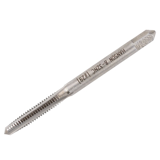 IRWIN SKU 1024 metal hand tap, silver tool with threading flutes, close-up angle, white background