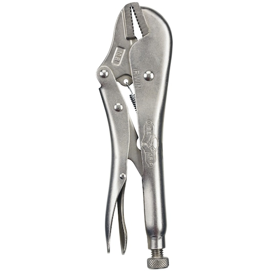 IRWIN 102L3 locking pliers, silver metal finish, side angle, visible adjustment screw and serrated jaws.