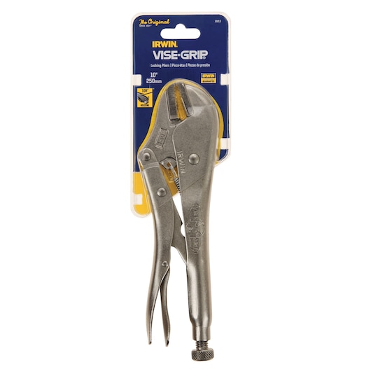 IRWIN 102L3 locking pliers, silver metal, front angle, in retail packaging, product photography.