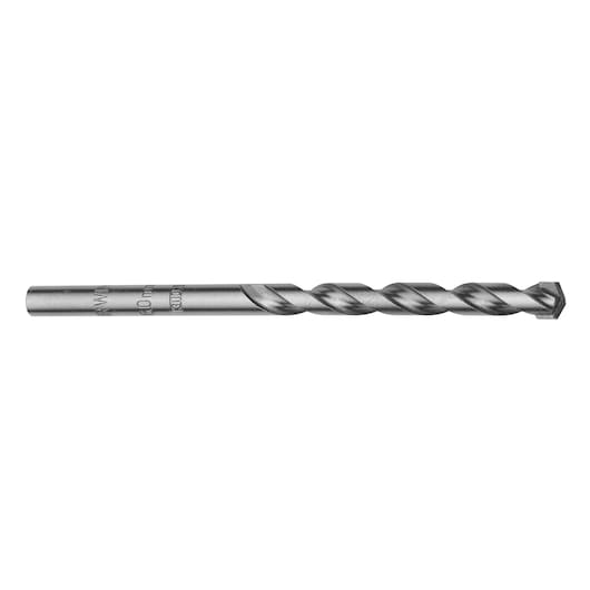 Photo of IRWIN 10501812 masonry drill bit, silver color, side angle, with spiral flutes on white background.