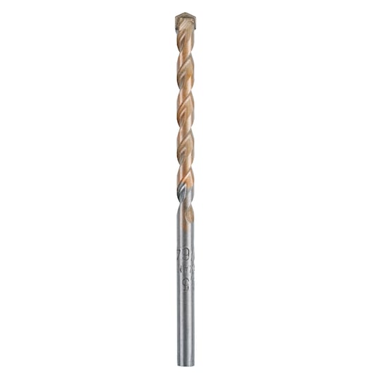Photo of IRWIN 10501816 masonry drill bit, silver and bronze, straight-on angle, white background.