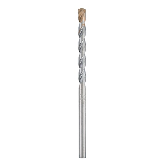 IRWIN 10501835 silver masonry drill bit with carbide tip, straight-on angle, photography on white background.