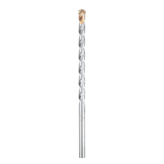 IRWIN 10501836 silver masonry drill bit with spiral fluting, front angle, white background.