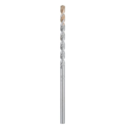 Photo of IRWIN 10501854 silver masonry drill bit with carbide tip, vertical angle, white background.