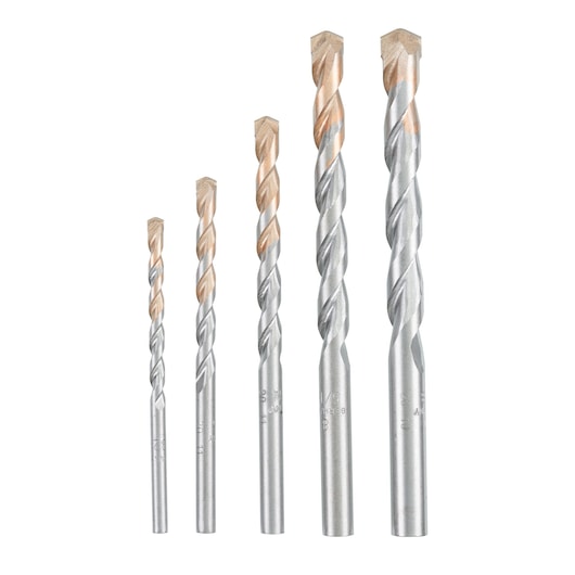 IRWIN 10501892 set of five silver and gold masonry drill bits, side angle on white background.
