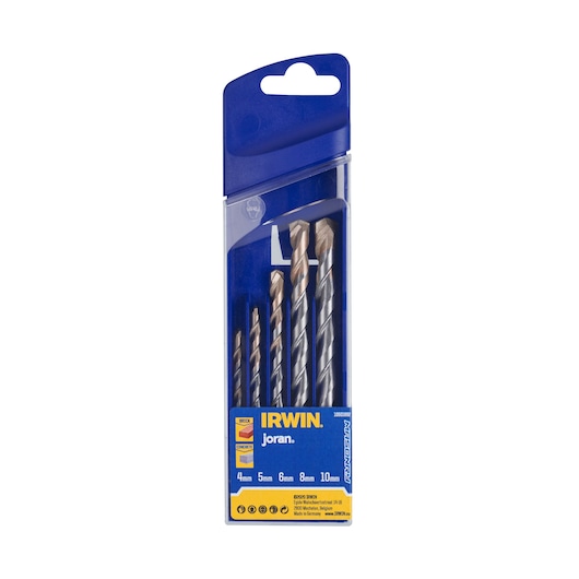 Photo of IRWIN drill bit set 10501892 in blue and yellow packaging, front angle, contains five drill bits.