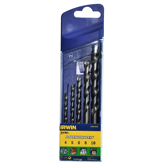 Photo of IRWIN masonry drill bit set 10501892, five black bits in clear blue plastic case, front angle on white.