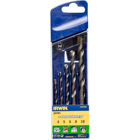 Photo of IRWIN 10501892 masonry drill bit set, five metal bits in clear plastic case, front angle on white background.