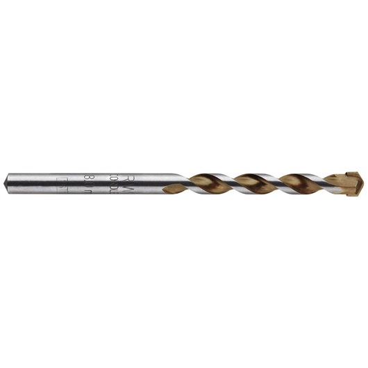 Photo of IRWIN 10501919 masonry drill bit, silver with gold tip, side view on white background.