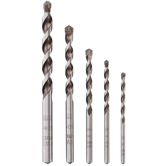 IRWIN 10501938 masonry drill bit set, five silver spiral bits with carbide tips, front view on white background.