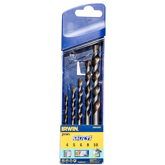 Photo of IRWIN 10501938 drill bit set with five multi-purpose bits in blue and yellow packaging, front angle.
