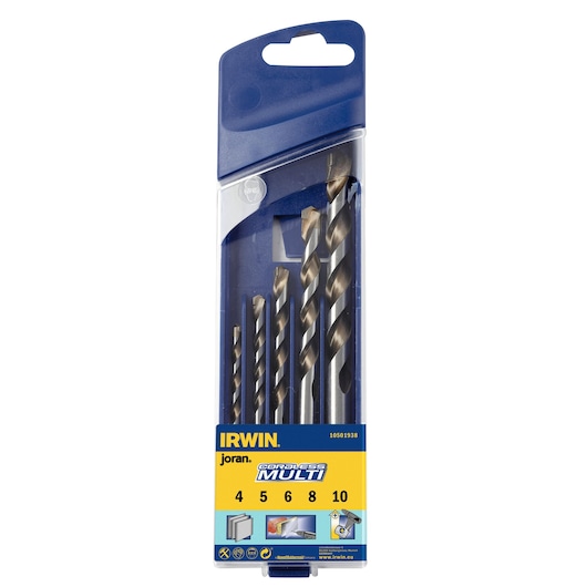 IRWIN 10501938 multi-material drill bit set, 5 pieces in blue and yellow packaging, front angle.