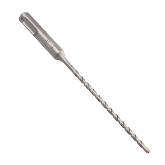 Photo of IRWIN 10501944 SDS-Plus masonry drill bit, silver, spiral fluted, side angle on white background.