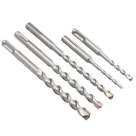 IRWIN 10502089 silver SDS masonry drill bit set, five spiral bits, angled view on white background.