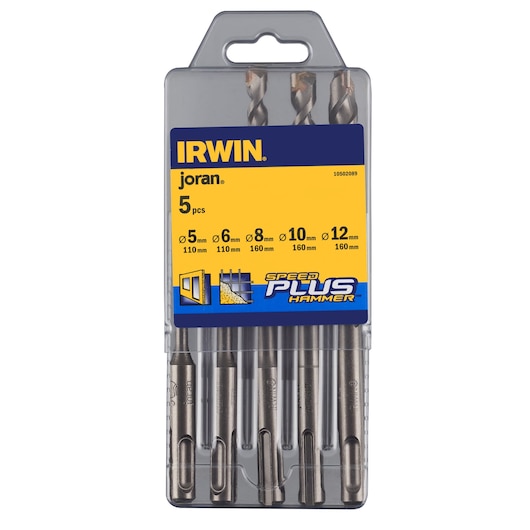 IRWIN 10502089 masonry drill bit set, 5 pieces, SDS Plus, assorted sizes, front angle on white background.