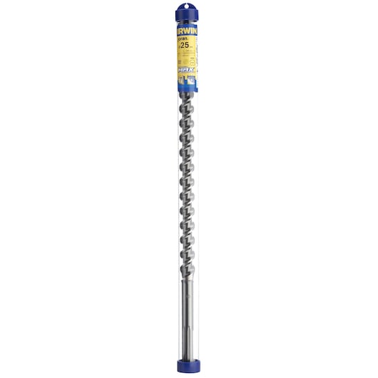 IRWIN 10502111 masonry drill bit in clear plastic tube, blue and yellow cap, front angle on white background.
