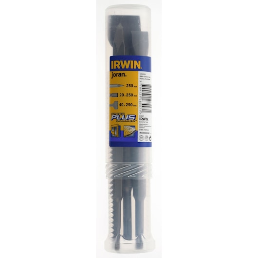 IRWIN 10502201 chisel set in clear cylindrical packaging, front angle, blue and yellow label.