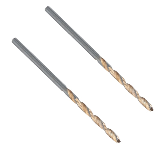 Photo of IRWIN 10502204 drill bits, two gold and silver twist design bits on white background, angled view.