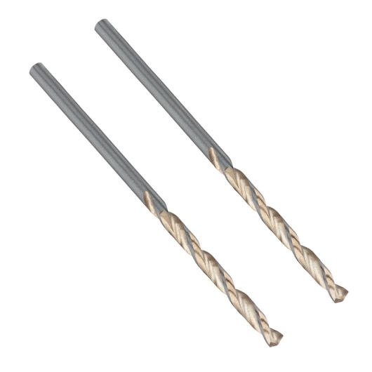 Photo of two IRWIN drill bits with spiral flutes, silver and gold finish, SKU 10502205, front angle.