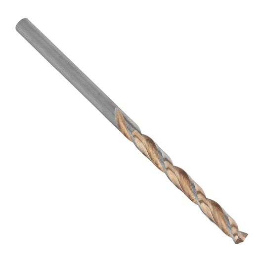 IRWIN 10502210 metal twist drill bit, silver and gold, side angle, on white background.