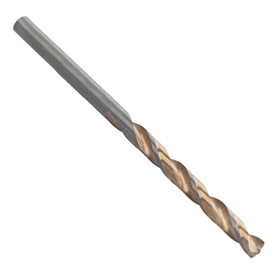 Photo of IRWIN 10502215 metal drill bit with gold and silver spiral design on white background, angled side view.