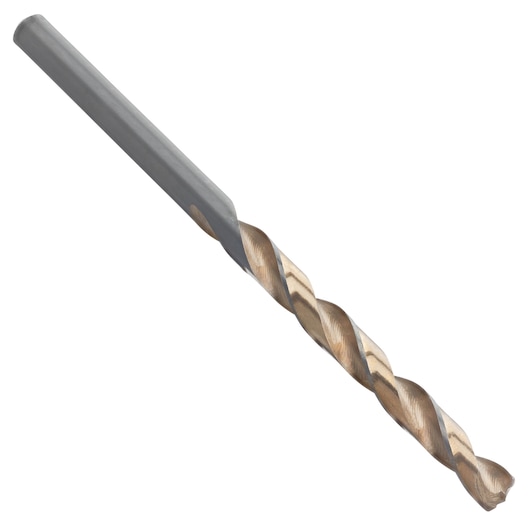 IRWIN 10502216 metal drill bit with gold and silver finish, side angle on white background.