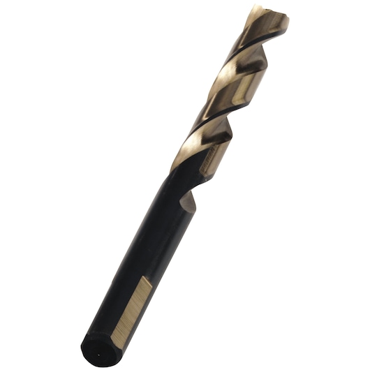 Photo of IRWIN 10502225 metal twist drill bit, black and gold, product angled on white background.