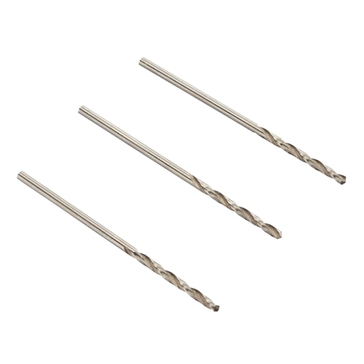 Photo of three IRWIN 10502377 metal twist drill bits, silver color, set displayed on white background, angled view.