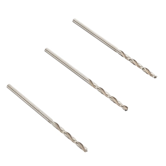 IRWIN 10502378 set of three metal twist drill bits, silver color, side angle on white background.