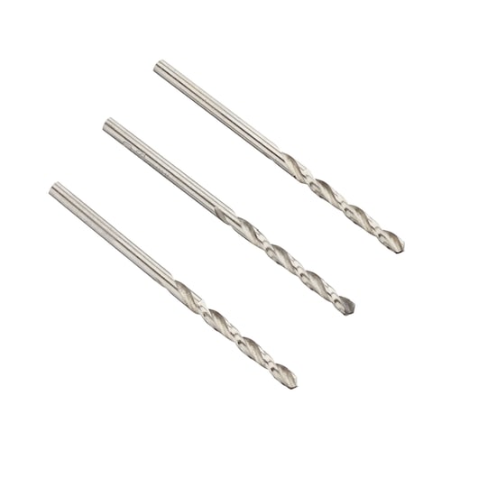 IRWIN 10502380 drill bit set, three silver twist drill bits angled on white background.