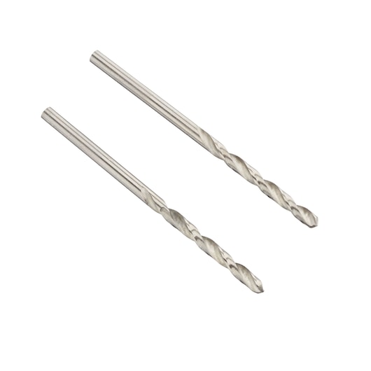 Photo of two IRWIN 10502381 silver twist drill bits, top angle on white background.