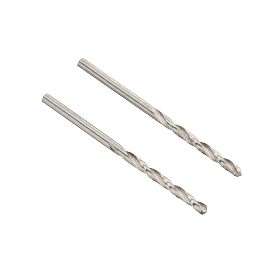 IRWIN 10502383 two silver twist drill bits angled on white background.