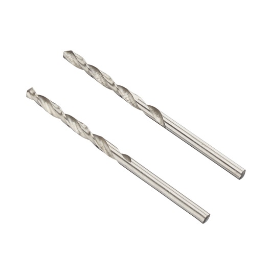 Photo of two IRWIN 10502384 metal twist drill bits, silver finish, side angle, on white background.