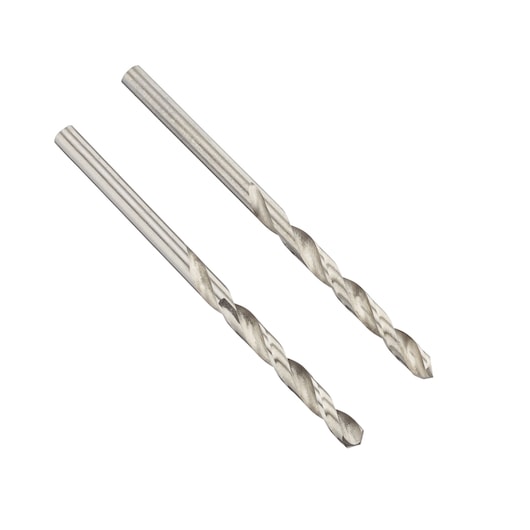 IRWIN 10502386 set of two silver metal twist drill bits, side angle, on white background.