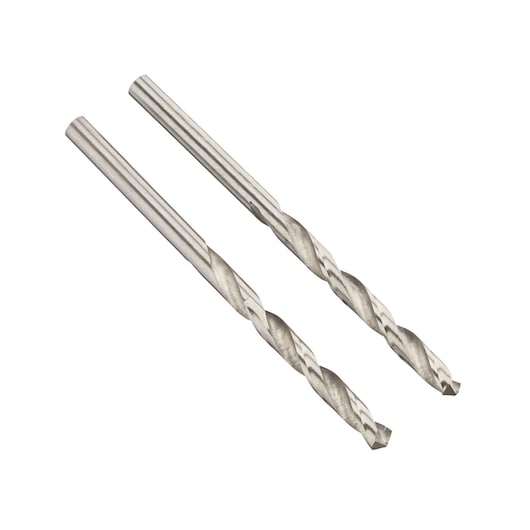 IRWIN 10502387 metal drill bit set, two silver twist bits, angled top view, white background.