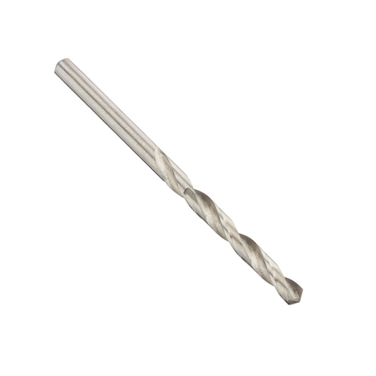 Photo of IRWIN 10502388 metal drill bit, silver, spiral design, side angle, on white background.